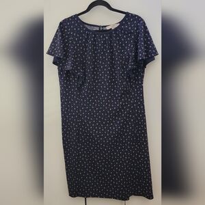 LOFT Shift Dress Womens 16‎ Flutter Sleeve Floral Abstract Navy Blue Midi Ties